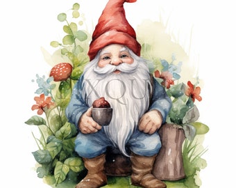 Clipart di gnomo da giardino ad acquerello / Illustrazione primaverile (download digitale)