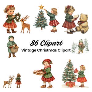 Clipart di Natale carino stampabile retrò vintage / 86 clipart di alta qualità / ragazzo, ragazza renna / retrò anni '50 / clipart di festa / acquerello