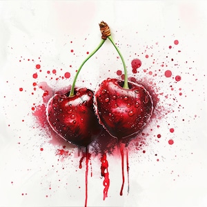 Clipart de cerezas de acuarela / 10 JPG de alta calidad / clip art de verano / Cereza roja en forma de corazón / frutas y bayas / imprimibles