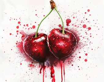 Watercolor cherries clipart |  10 High Quality JPGs | summer clip art | Heart shape red cherry | fruit and berries | printables