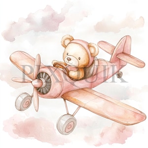 Orsetto con aeroplano Clipart / 10 file JPG e PNG / Creazione di biglietti / Artigianato di carta digitale / Arte ad acquerello / Stile Boho, rosa chiaro