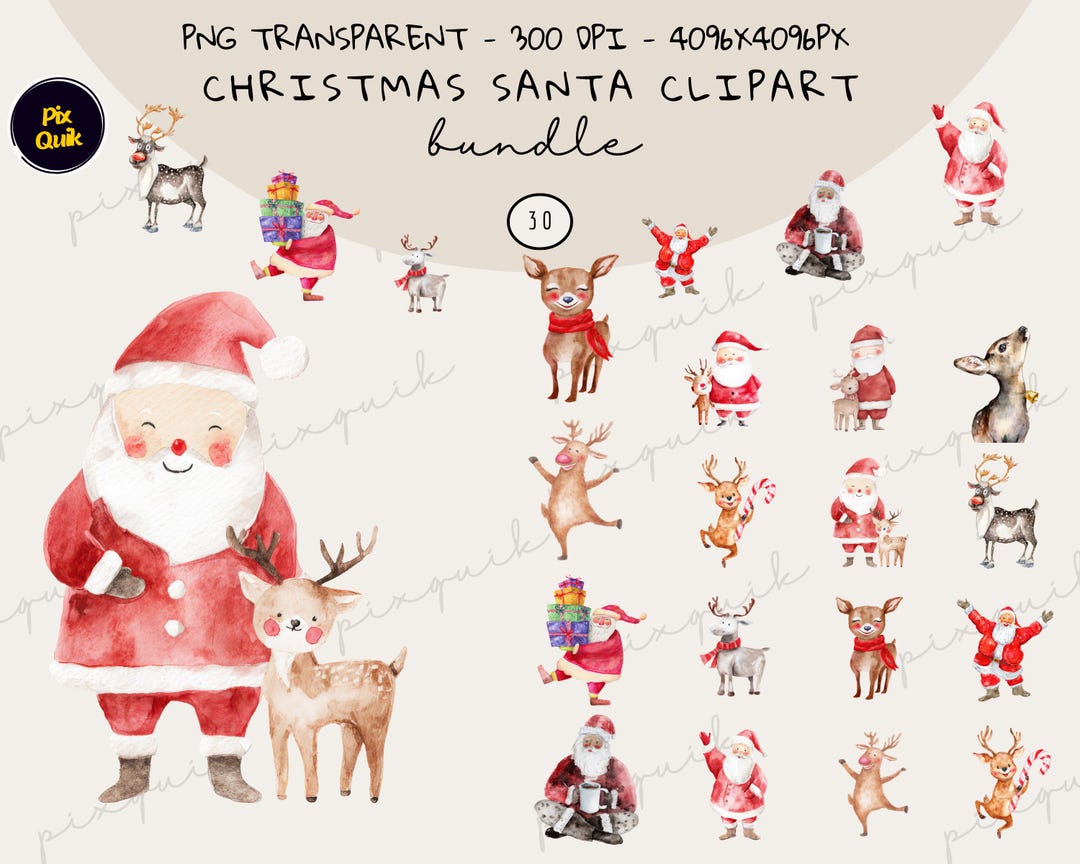 Christmas Santa Clipart Bundle PNG, Santa Claus Reindeer Cute Poses ...