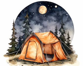 Watercolor camping clipart | 12 High Quality JPGs | Digital download | Camper clip art | Boho camping clipart | Junk journals | Clipart
