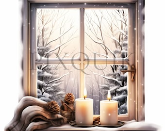 May include: A snowy winter scene viewed through a window with two lit candles on the windowsill. A white blanket is draped over the windowsill, and pine cones are arranged around the candles.
