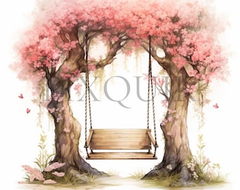 Tree Swing Clipart | Pink Blossoms, Nature Art (JPG, Commercial Use)