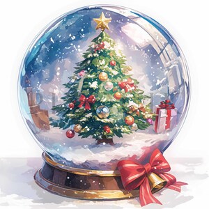 May include: A snow globe with a decorated Christmas tree inside. The globe is clear glass with a gold base and a red bow with a bell.