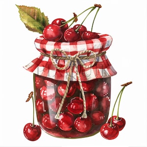 Cerezas en acuarela (imágenes prediseñadas de tarro) / 10 archivos JPG de alta calidad / Imágenes prediseñadas de tarro de mermelada / Cereza roja / Frutas y bayas / Imprimibles / Arte infantil