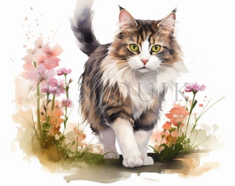 神秘的なノルウェージャンフォレストキャットのイラスト｜リアルな