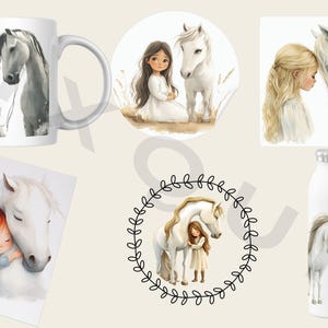 Girl with Horse Clipart, Digital Horse and Rider Art, Country Girl Illustration, White Horse Clipart, Equestrian Digital PNG, Kid’s Horse Ar