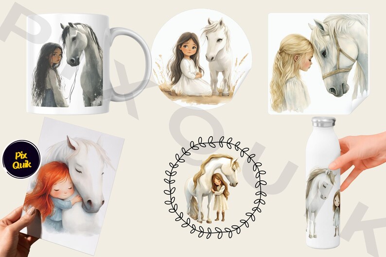 Girl with Horse Clipart, Digital Horse and Rider Art, Country Girl Illustration, White Horse Clipart, Equestrian Digital PNG, Kid’s Horse Ar