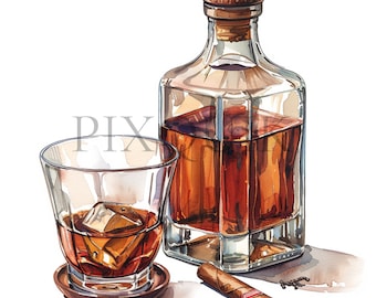 Watercolor Whiskey Bottle Clipart | Alcohol Illustration (JPG)