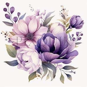 Fioletowe kwiaty Bukiet Clipart | 10 Wysokiej Jakości JPG | Fioletowe Ilustracje Kwiatowe | Sztuka Botaniczna | Album, Do Wydruku, Do Użytku Komercyjnego