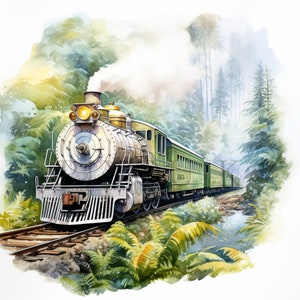 Clipart de tren de vapor en acuarela / 10 JPG de alta calidad / Descarga digital / Tren de acuarela / Tren de vapor / Revistas basura / Clipart de tren