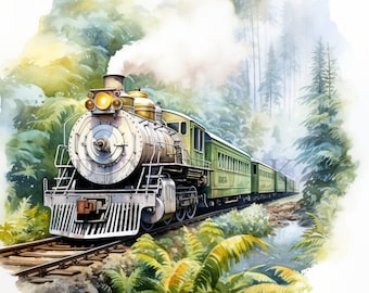 Watercolor Steam Train Clipart | Vintage Train Art (Digital Download)