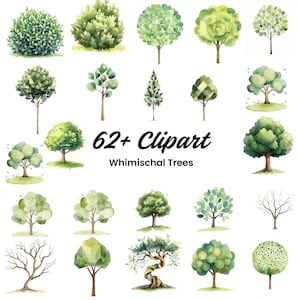 Clipart Arbres lunatiques | Plus de 62 fichiers JPG | Forêt bohème | Artisanat numérique en papier | Aquarelle | Clipart vectoriel d'arbres | Fabrication de cartes