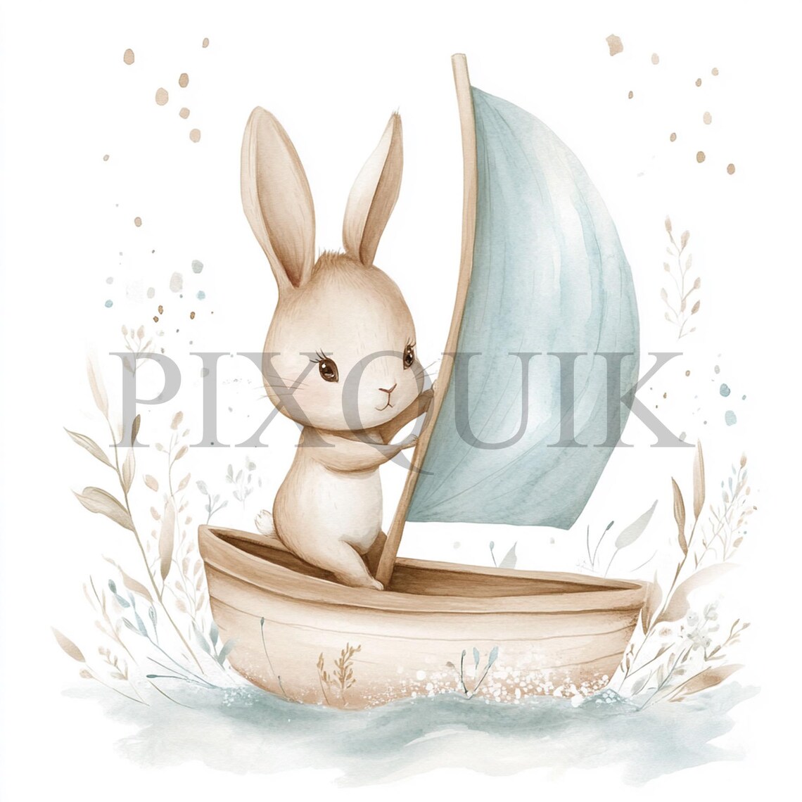 Watercolor Bunny Boat Clipart | Nautical Nursery Art (JPG & PNG) - Etsy