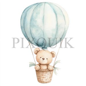 Heißluftballon Teddy Bär Clipart | 10 JPG's und PNG Dateien | Kartengestaltung | Digitale Papiermodelle | Aquarell Kunst | Boho Style, Blau AIR