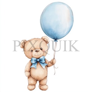 Orsetto con palloncino BLU Clipart / 10 file JPG e PNG / Creazione di biglietti / Artigianato di carta digitale / Arte ad acquerello / Design palloncino blu