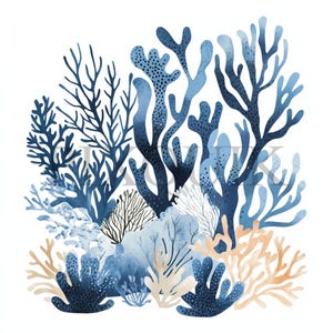 a watercolor painting of seaweed and corals