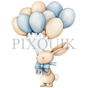 Coniglietto con palloncino Clipart / 10 file JPG e PNG / Creazione di biglietti / Artigianato di carta digitale / Arte ad acquerello / Design palloncino blu, palloncino
