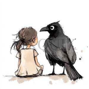 Clipart de Niñas y Cuervo / 10 archivos JPG y PNG / Creación de tarjetas / Manualidades digitales con papel / Arte en acuarela / Escena emotiva, Amistad mística