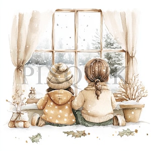 Fenêtre des Fêtes | Clipart Noël frères et sœurs | 10 fichiers JPG et PNG | Fabrication de cartes | Artisanat numérique en papier | Aquarelle | Vacances en famille