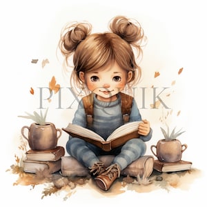Ragazza che legge un libro Clipart / 10 JPG di alta qualità / Ragazza carina con illustrazioni di libri / Arte della lettura / Album, stampabile, uso commerciale