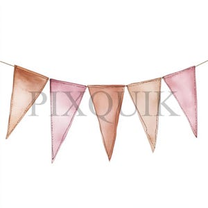 Puede incluir: Ilustración en acuarela de una guirnalda con cinco banderas triangulares en tonos marrones y rosas. Las banderas están ensartadas en una cuerda fina, cada una con un borde cosido. El fondo es blanco.
