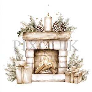 Cheminée de Noël Boho Clipart | 10 fichiers JPG et PNG | Fabrication de cartes | Artisanat numérique en papier | Aquarelle | Cheminée des Fêtes
