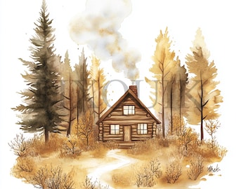 Watercolor Autumn Cabin Clipart | Rustic Forest Illustration (JPG & PNG)