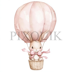 Clipart konijn met luchtballon | 10 JPG- en PNG-bestanden | Kaarten maken | Digitale papierkunst | Aquarelkunst | Bohostijl, roze ballon