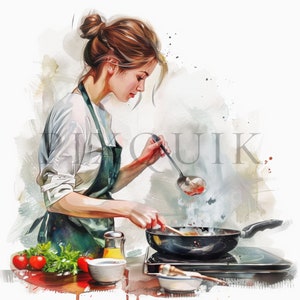 Clipart de culinária em aquarela | 10 JPGs de alta qualidade | Download digital instantâneo | Clipart de mulher chef | Gráficos de culinária | Clipart de garota cozinheira
