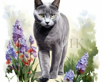 Watercolor Russian Blue Cat Clipart | Printable Art (Digital Download)