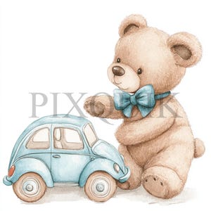 Ursinho de pelúcia com clipart de carro de brinquedo | 10 arquivos JPG e PNG | Criação de cartões | Artesanato em papel digital | Arte em aquarela | Estilo Boho, design de CARRO azul
