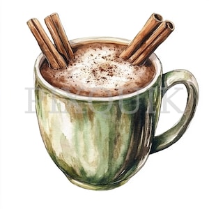 Warme Tasse mit heißem Kakao Clipart | 4 PNG-Dateien | Kartengestaltung | Fastival Design | Aquarell Kunst | Gemütliche Boho Grün Töne