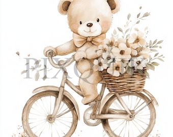 Teddy Bear Bicycle Clipart | Watercolor Boho Art (JPG & PNG)