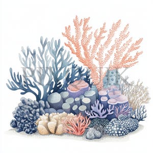 a watercolor painting of corals and seaweed