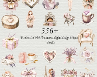 May include: Watercolor digital design clipart bundle featuring pink Valentine's Day themed illustrations. Includes images of hearts, flowers, couples, and cozy scenes. The text "356+ Watercolor Pink Valentines digital design Clipart Bundle" is visible.