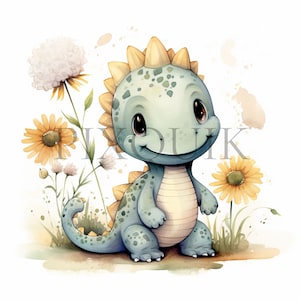 Dinosaur With Flower Clipart | 10 High Quality JPG&#39;s | digital download | Dino Art | Cute Dinosaur | Commercial use | Printable artwork