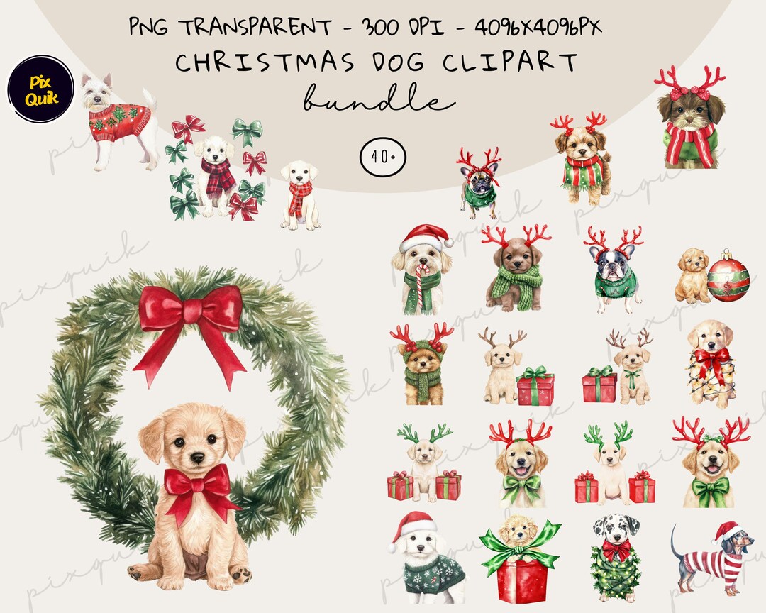 Christmas Dog Clipart Bundle PNG, Cute Puppies Gifts Reindeer Hats ...