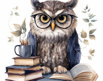 May include: A watercolor illustration of an owl wearing glasses and a denim jacket, sitting with a stack of books and a cup of pencils. The owl is reading a book with a brown cover.
