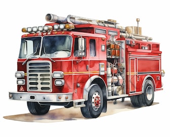 Camión de bomberos en acuarela (10 archivos JPG, descarga digital)