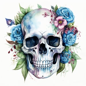May include: A watercolor painting of a human skull with blue and pink flowers. The skull is painted in a realistic style, with details such as the teeth and eye sockets. The flowers are arranged around the skull, creating a beautiful and slightly macabre composition.