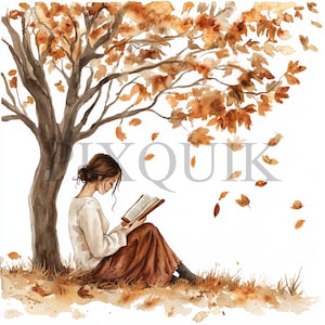 Clipart de mujer leyendo en otoño / 10 JPG y PNG de alta calidad / Arte acogedor de lectura otoñal / Gráficos de lectura, creación de tarjetas, manualidades con papel digital