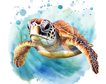 May include: A watercolour painting of a sea turtle swimming in blue water with bubbles. The turtle has a brown shell with yellow markings and a green head.
