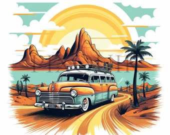 Clipart de viaje por carretera / Furgoneta retro, escena del desierto (descarga digital)