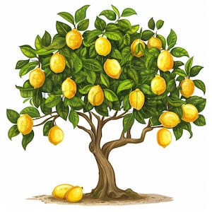 Puede incluir: Un limonero con hojas verdes y limones amarillos. El árbol tiene un tronco y ramas marrones. Hay tres limones en el suelo.