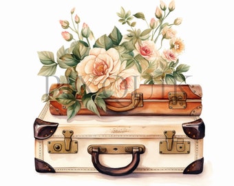 May include: A vintage white suitcase with brown leather accents and a brown leather suitcase on top. The suitcases are decorated with a bouquet of pink roses and green leaves.