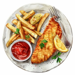 Aquarel fish and chips-clipart | 10 hoogwaardige JPG's | Voedselafbeeldingen | Aquarel voedsel clipart | Digitale download | Voedselclipart