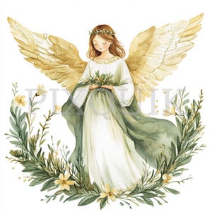 Kerstengel-clipart | 16 png-bestanden | Kaarten maken | Fastival-ontwerp | Aquarelkunst | Boho-stijl met groene tinten